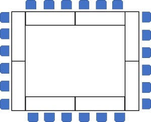 Schematic of a conference setting in a hollow square format.