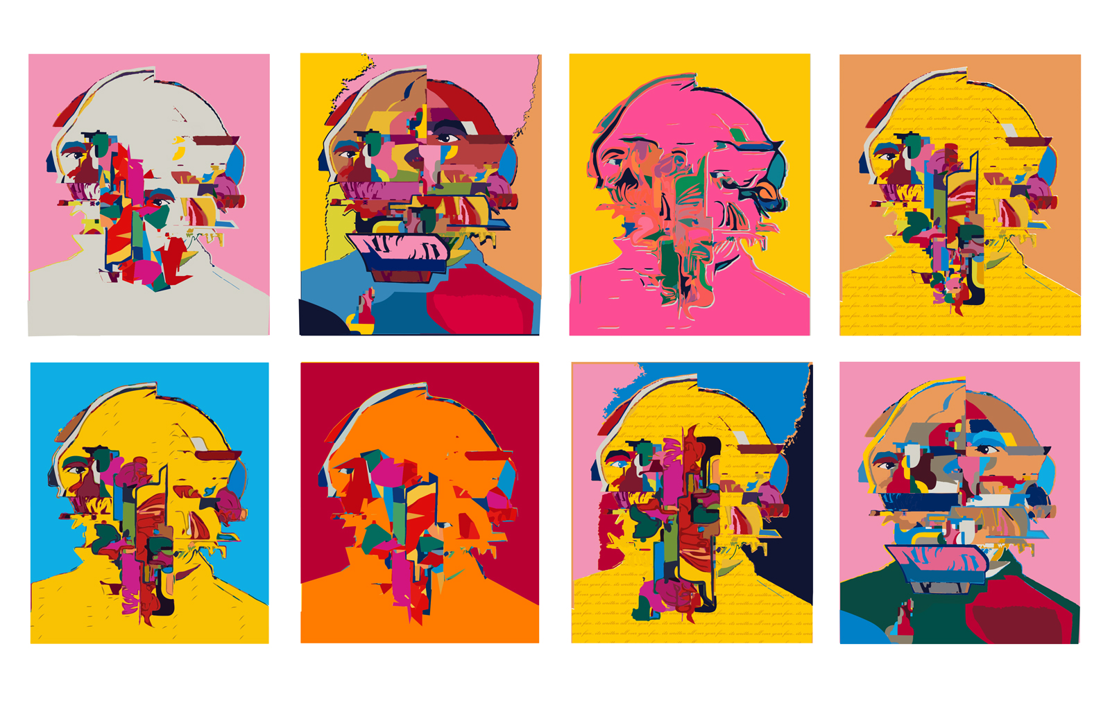 Two rows of 4 faces each on a different brightly colored background. The features of each of face are obscured by jags and multiple shapes of contrasting bright colors.