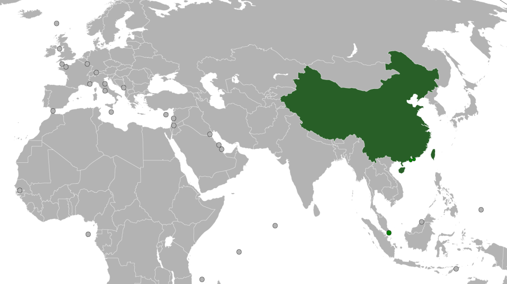 A cropped map of the world showing Europe, part of Africa, and Asia, with countries where Chinese is the primary spoken language shaded in dark green.